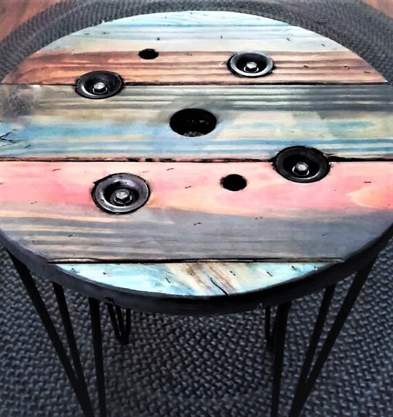 Farmhouse Wood Spool Table - 20" to 36 IN - Hairpin & Pipe Legs - Statement Piece Gift - Round Coffee Side Dining Pub Outdoor Wooden Table