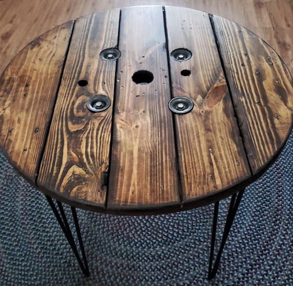 Farmhouse Wood Spool Table - 20" to 36 IN - Hairpin & Pipe Legs - Statement Piece Gift - Round Coffee Side Dining Pub Outdoor Wooden Table
