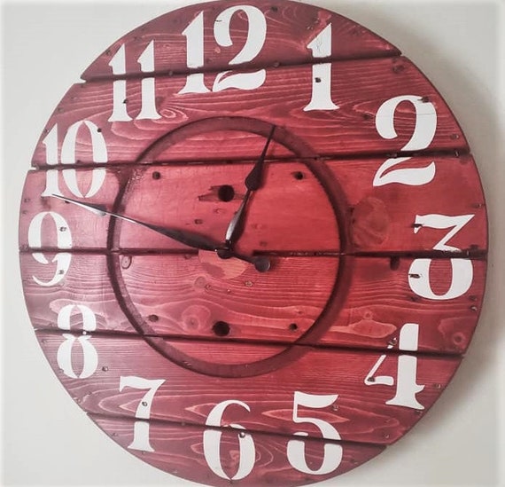 Farmhouse Wood Spool Wall Clock - 20" to 36 IN Round Wooden Clock - Personalized Unique Gift - Industrial Rustic Statement Piece- Custom Art