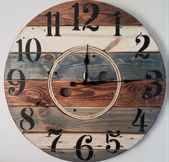 Farmhouse Wood Spool Wall Clock - 20" to 36 IN Round Wooden Clock - Personalized Unique Gift - Industrial Rustic Statement Piece- Custom Art