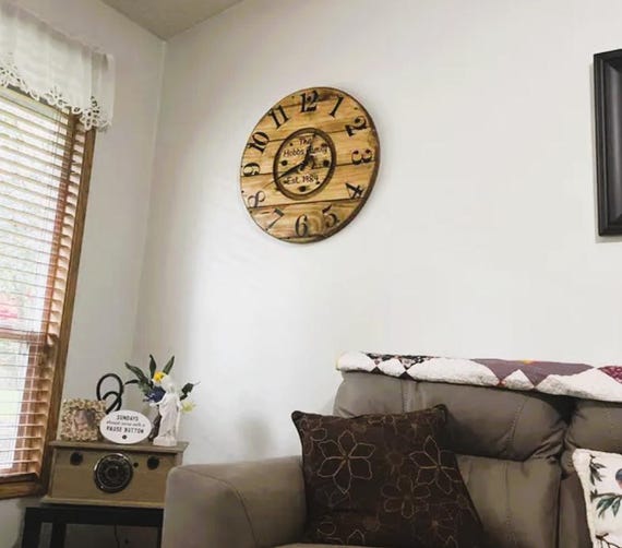 Farmhouse Wood Spool Wall Clock - 20" to 36 IN Round Wooden Clock - Personalized Unique Gift - Industrial Rustic Statement Piece- Custom Art