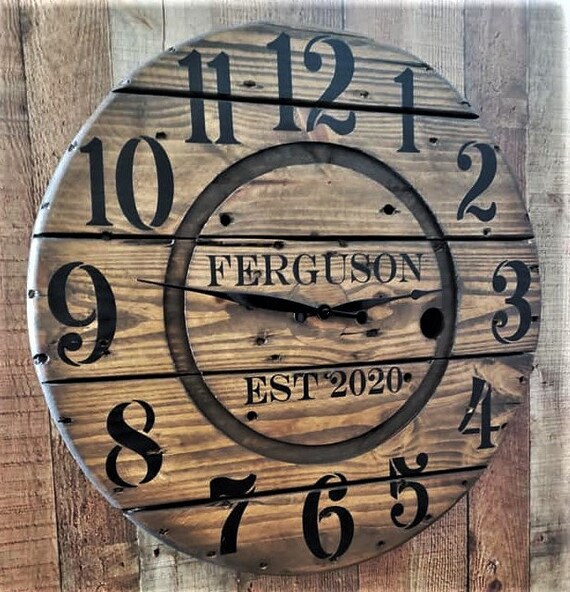 Farmhouse Wood Spool Wall Clock - 20" to 36 IN Round Wooden Clock - Personalized Unique Gift - Industrial Rustic Statement Piece- Custom Art