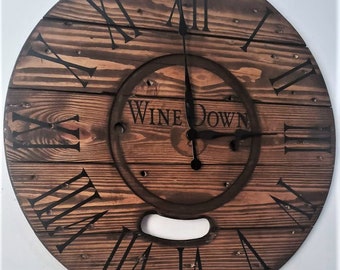 Farmhouse Wood Spool Wall Clock - 20" to 36 IN Round Wooden Clock - Personalized Unique Gift - Industrial Rustic Statement Piece- Custom Art