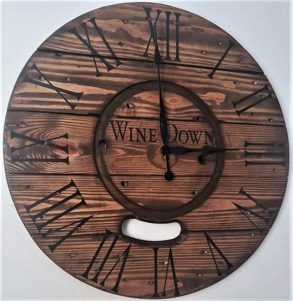 Farmhouse Wood Spool Wall Clock - 20" to 36 IN Round Wooden Clock - Personalized Unique Gift - Industrial Rustic Statement Piece- Custom Art