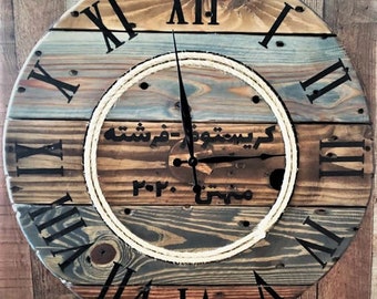 Farmhouse Wood Spool Wall Clock - 20" to 36 IN Round Wooden Clock - Personalized Unique Gift - Industrial Rustic Statement Piece- Custom Art