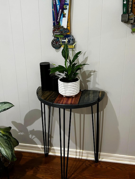Farmhouse Wood Spool Half Table - 20" to 36 IN - Hairpin & Pipe Legs -  Statement Piece Gift - End Side Dining Indoor Outdoor Wooden Table