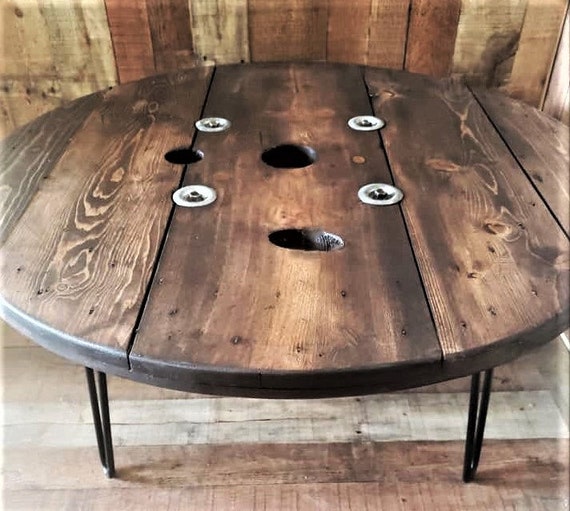 Farmhouse Wood Spool Table - 20" to 36 IN - Hairpin & Pipe Legs - Statement Piece Gift - Round Coffee Side Dining Pub Outdoor Wooden Table