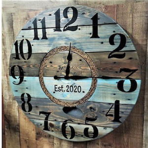 Farmhouse Wood Spool Wall Clock - 20" to 36 IN Round Wooden Clock - Personalized Unique Gift - Industrial Rustic Statement Piece- Custom Art