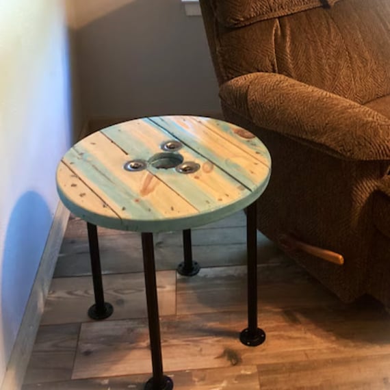 Farmhouse Wood Spool Table - 20" to 36 IN - Hairpin & Pipe Legs - Statement Piece Gift - Round Coffee Side Dining Pub Outdoor Wooden Table
