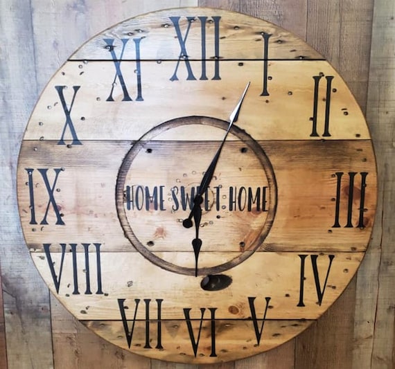 Farmhouse Wood Spool Wall Clock - 20" to 36 IN Round Wooden Clock - Personalized Unique Gift - Industrial Rustic Statement Piece- Custom Art