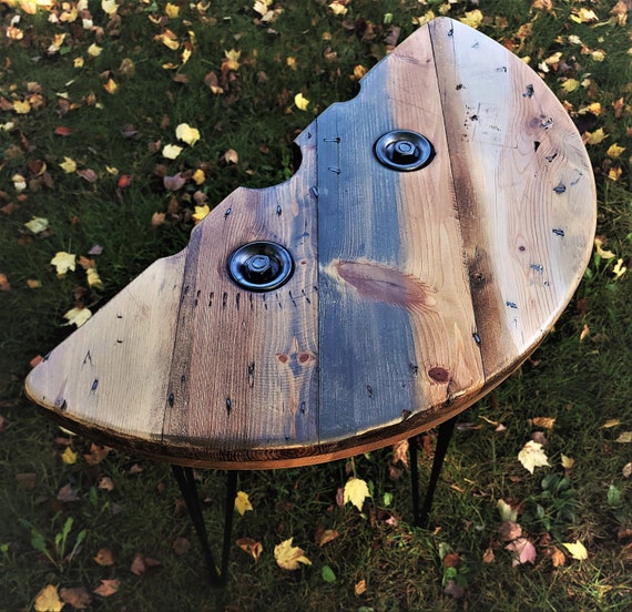 Farmhouse Wood Spool Half Table - 20" to 36 IN - Hairpin & Pipe Legs -  Statement Piece Gift - End Side Dining Indoor Outdoor Wooden Table