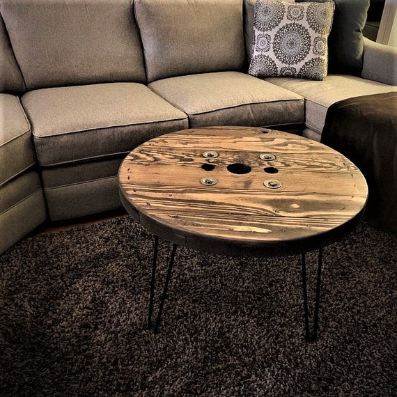 Farmhouse Wood Spool Table - 20" to 36 IN - Hairpin & Pipe Legs - Statement Piece Gift - Round Coffee Side Dining Pub Outdoor Wooden Table