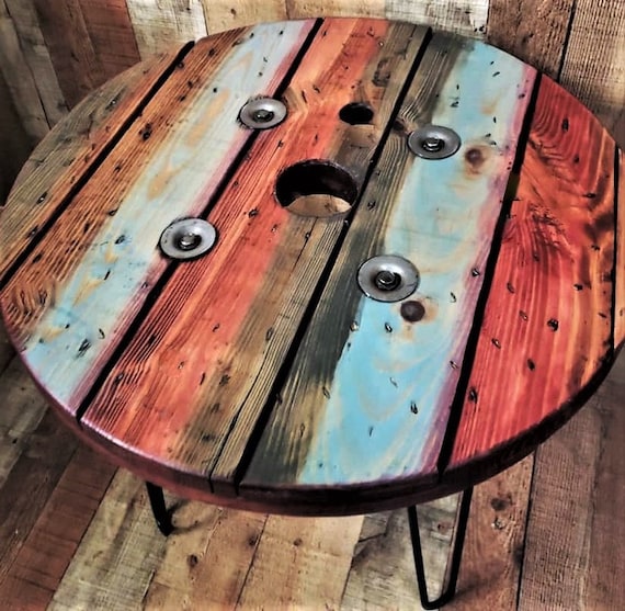 Farmhouse Wood Spool Table - 20" to 36 IN - Hairpin & Pipe Legs - Statement Piece Gift - Round Coffee Side Dining Pub Outdoor Wooden Table