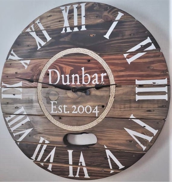 Farmhouse Wood Spool Wall Clock - 20" to 36 IN Round Wooden Clock - Personalized Unique Gift - Industrial Rustic Statement Piece- Custom Art