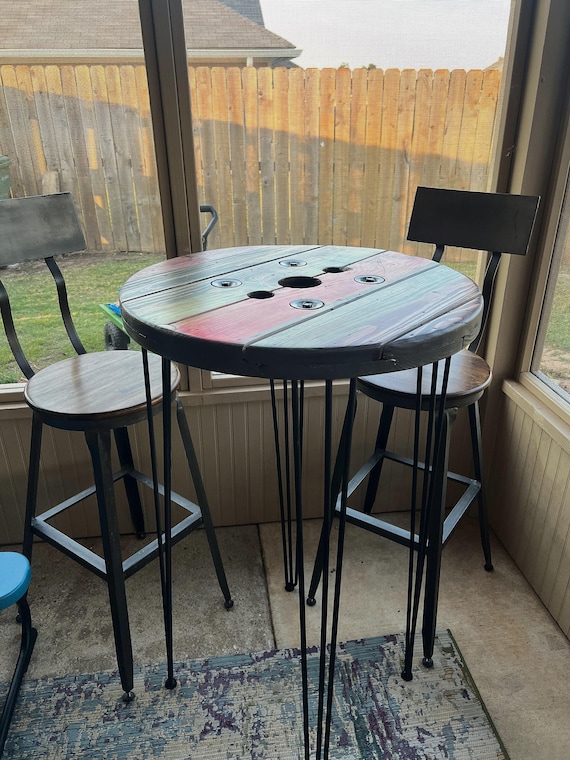 Rustic Spool Wood Round Table – 20" to 36" – Hairpin or Pipe Legs – Coffee Side Dining Pub Outdoor Table – Farmhouse Industrial Decor