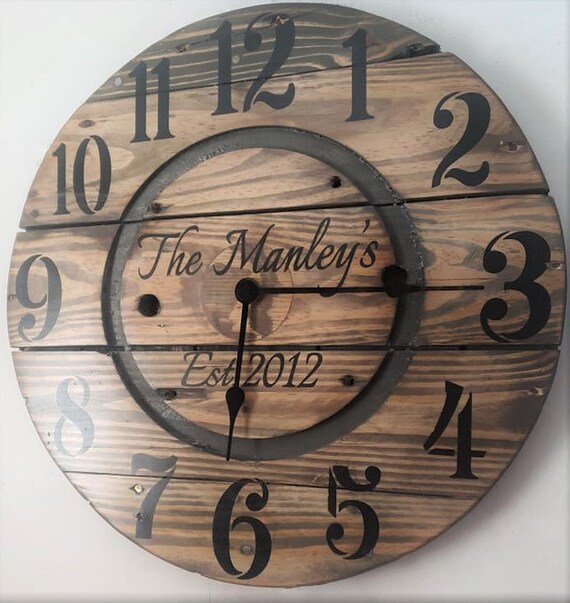Farmhouse Wood Spool Wall Clock - 20" to 36 IN Round Wooden Clock - Personalized Unique Gift - Industrial Rustic Statement Piece- Custom Art