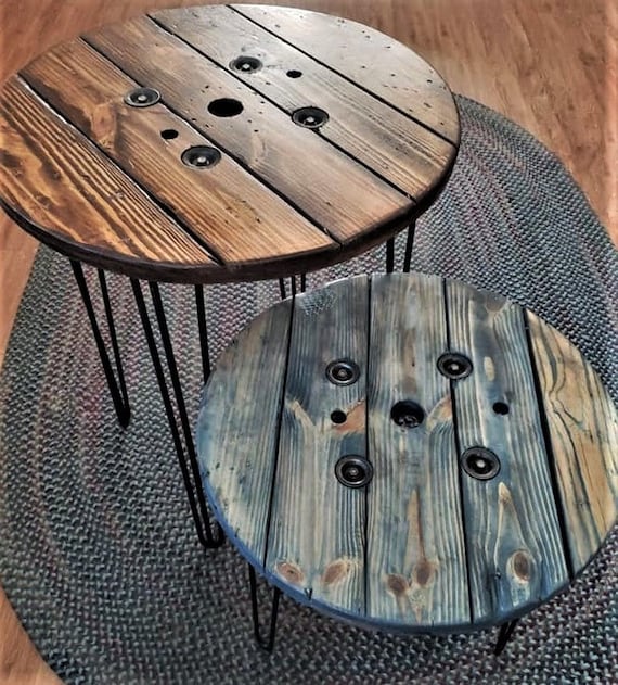 Farmhouse Wood Spool Table - 20" to 36 IN - Hairpin & Pipe Legs - Statement Piece Gift - Round Coffee Side Dining Pub Outdoor Wooden Table