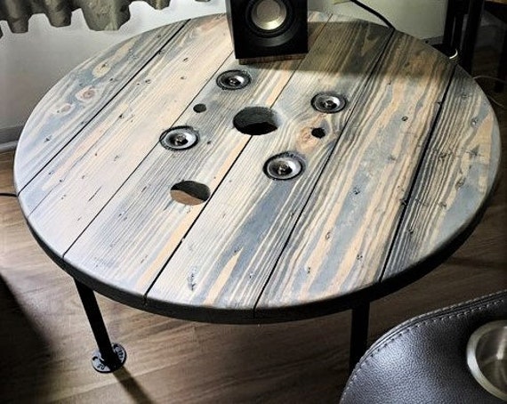 Farmhouse Wood Spool Table - 20" to 36 IN - Hairpin & Pipe Legs - Statement Piece Gift - Round Coffee Side Dining Pub Outdoor Wooden Table