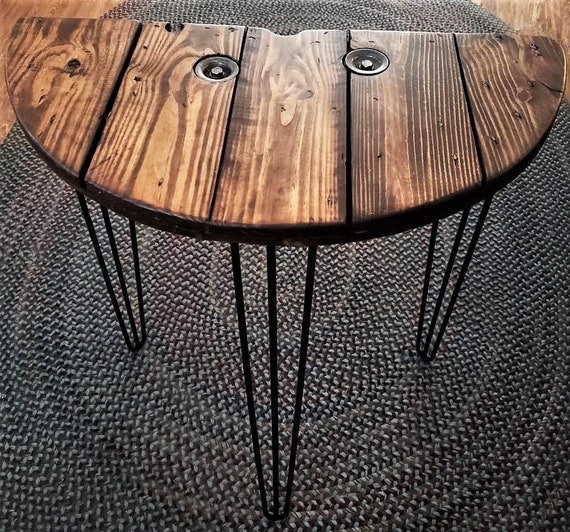 Farmhouse Wood Spool Half Table - 20" to 36 IN - Hairpin & Pipe Legs -  Statement Piece Gift - End Side Dining Indoor Outdoor Wooden Table