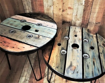 Farmhouse Wood Spool Table - 20" to 36 IN - Hairpin & Pipe Legs - Statement Piece Gift - Round Coffee Side Dining Pub Outdoor Wooden Table