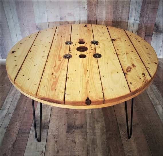 Farmhouse Wood Spool Table - 20" to 36 IN - Hairpin & Pipe Legs - Statement Piece Gift - Round Coffee Side Dining Pub Outdoor Wooden Table
