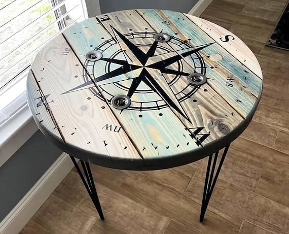 Farmhouse Wood Spool Table - 20" to 36 IN - Hairpin & Pipe Legs - Statement Piece Gift - Round Coffee Side Dining Pub Outdoor Wooden Table