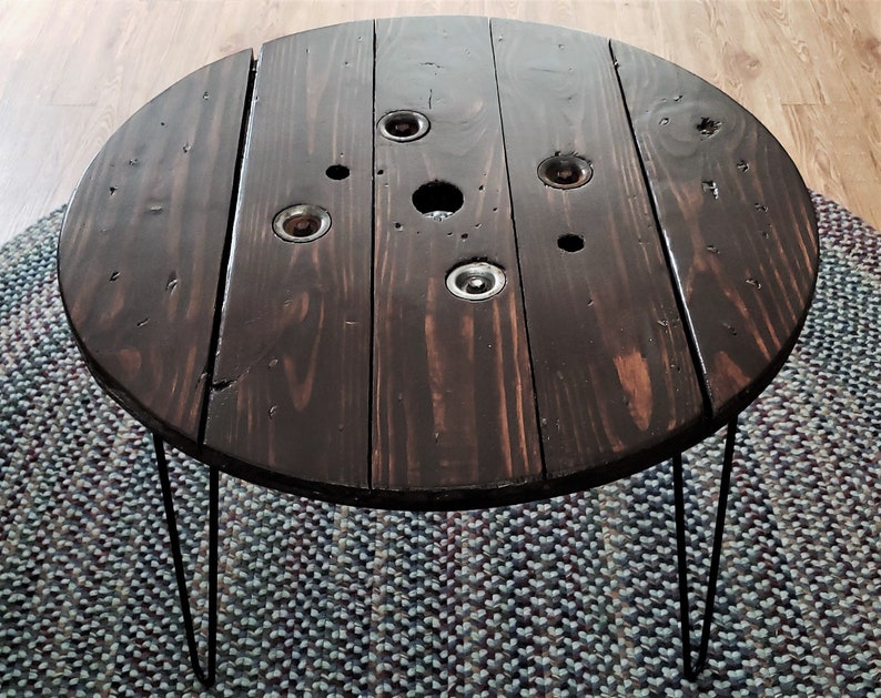 20 30 Stained Wood Spool Tables 22 24 26 28 Inch Round Coffee Side End Pub Dining With 16 18 34 Hairpin Legs