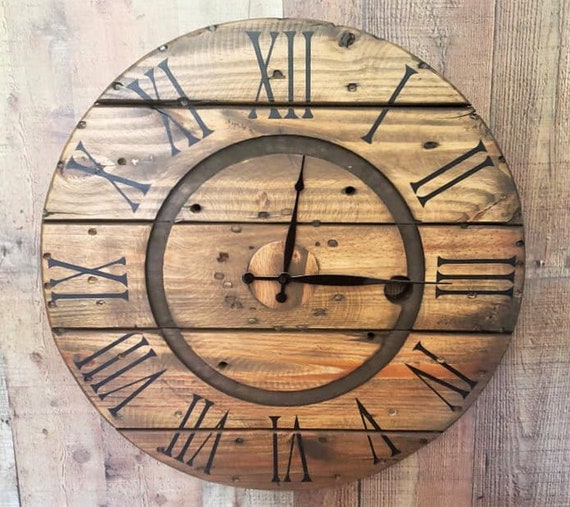 Farmhouse Wood Spool Wall Clock - 20" to 36 IN Round Wooden Clock - Personalized Unique Gift - Industrial Rustic Statement Piece- Custom Art