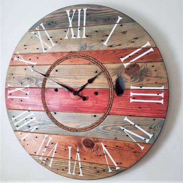 Farmhouse Wood Spool Wall Clock - 20" to 36 IN Round Wooden Clock - Personalized Unique Gift - Industrial Rustic Statement Piece- Custom Art