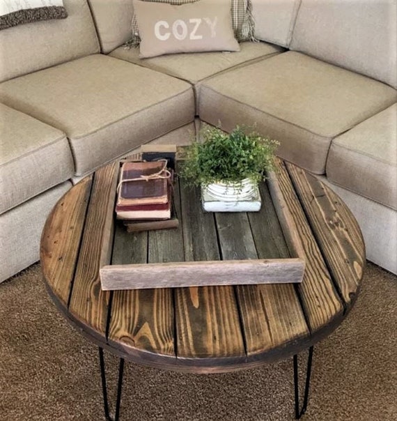 Farmhouse Wood Spool Table - 20" to 36 IN - Hairpin & Pipe Legs - Statement Piece Gift - Round Coffee Side Dining Pub Outdoor Wooden Table