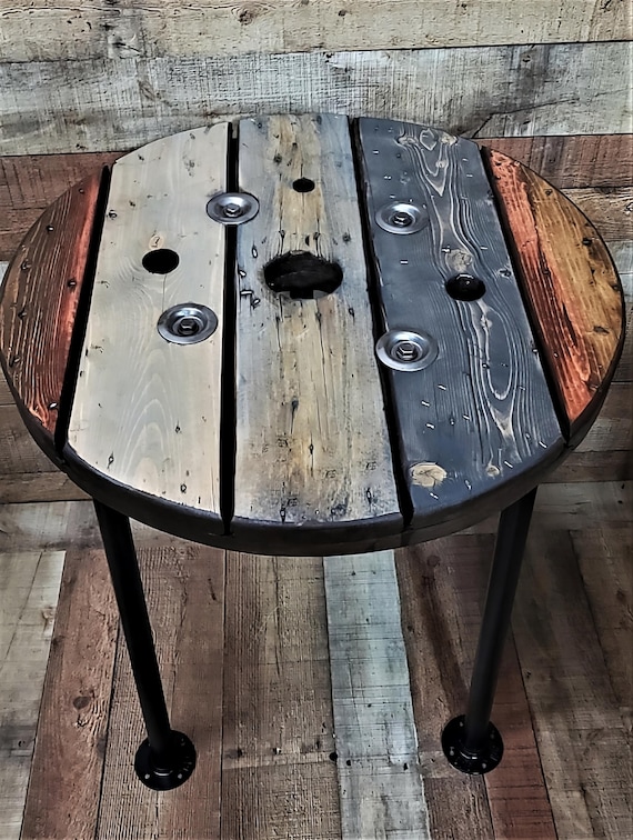 Farmhouse Wood Spool Table - 20" to 36 IN - Hairpin & Pipe Legs - Statement Piece Gift - Round Coffee Side Dining Pub Outdoor Wooden Table