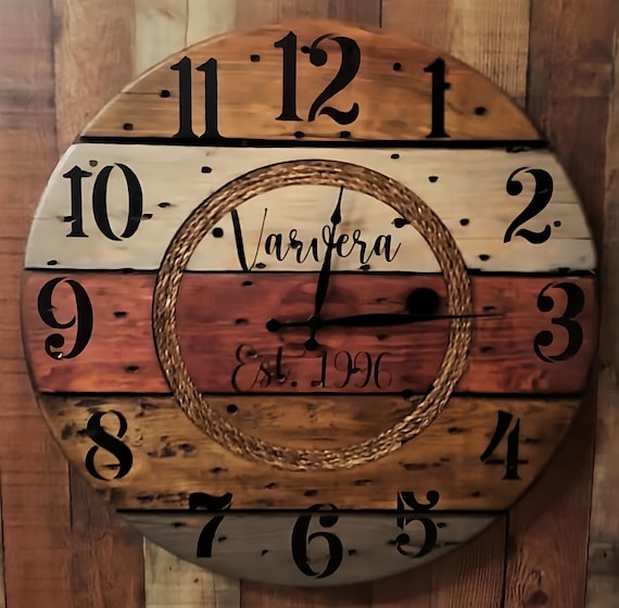 Farmhouse Wood Spool Wall Clock - 20" to 36 IN Round Wooden Clock - Personalized Unique Gift - Industrial Rustic Statement Piece- Custom Art