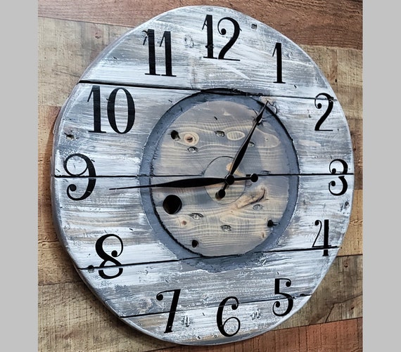 Farmhouse Wood Spool Wall Clock - 20" to 36 IN Round Wooden Clock - Personalized Unique Gift - Industrial Rustic Statement Piece- Custom Art