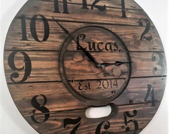 Farmhouse Wood Spool Wall Clock - 20" to 36 IN Round Wooden Clock - Personalized Unique Gift - Industrial Rustic Statement Piece- Custom Art