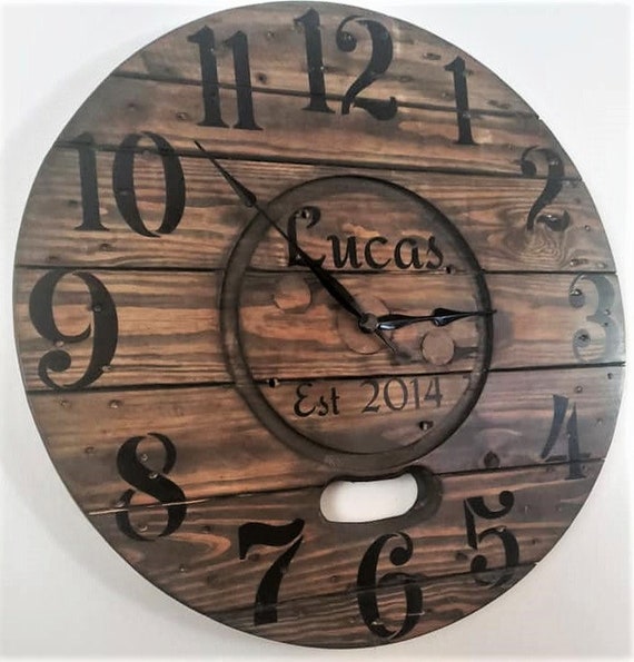 Farmhouse Wood Spool Wall Clock - 20" to 36 IN Round Wooden Clock - Personalized Unique Gift - Industrial Rustic Statement Piece- Custom Art