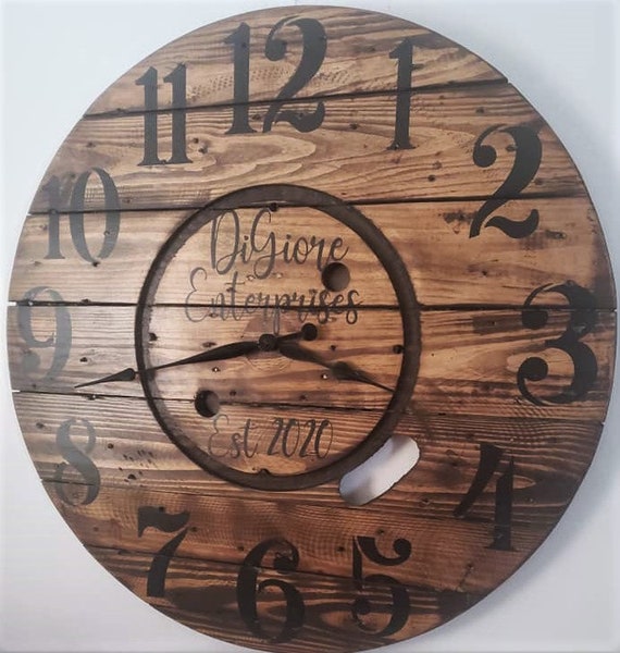 Farmhouse Wood Spool Wall Clock - 20" to 36 IN Round Wooden Clock - Personalized Unique Gift - Industrial Rustic Statement Piece- Custom Art