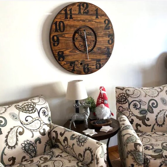 Farmhouse Wood Spool Wall Clock - 20" to 36 IN Round Wooden Clock - Personalized Unique Gift - Industrial Rustic Statement Piece- Custom Art