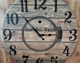 Farmhouse Wood Spool Wall Clock - 20" to 36 IN Round Wooden Clock - Personalized Unique Gift - Industrial Rustic Statement Piece- Custom Art