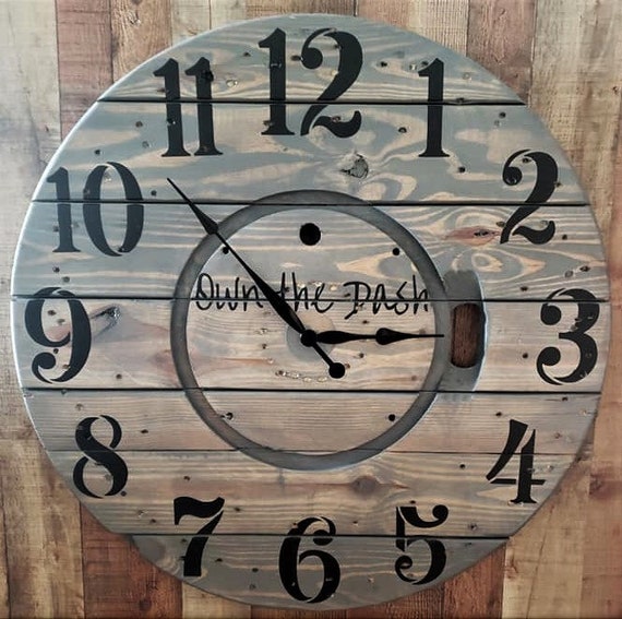 Farmhouse Wood Spool Wall Clock - 20" to 36 IN Round Wooden Clock - Personalized Unique Gift - Industrial Rustic Statement Piece- Custom Art