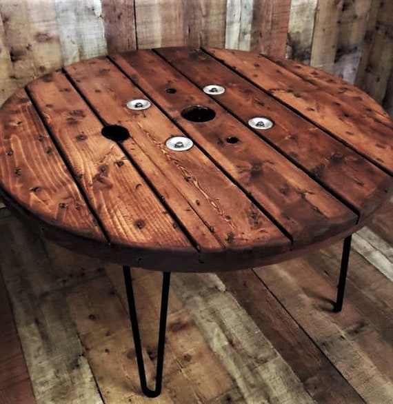 Farmhouse Wood Spool Table - 20" to 36 IN - Hairpin & Pipe Legs - Statement Piece Gift - Round Coffee Side Dining Pub Outdoor Wooden Table