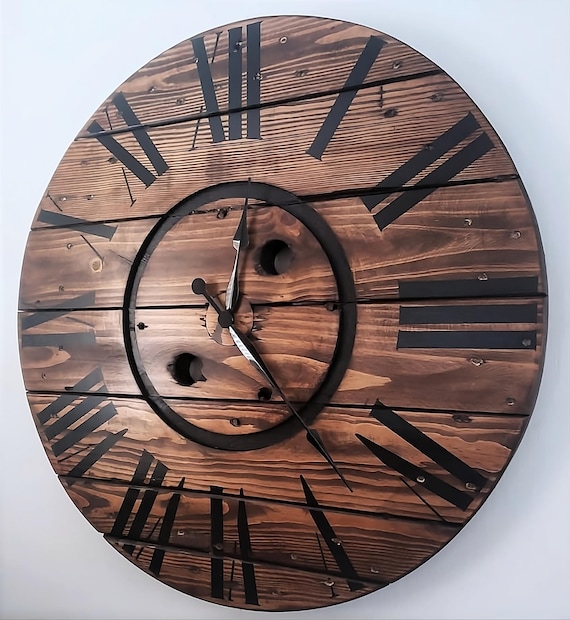 Farmhouse Wood Spool Wall Clock - 20" to 36 IN Round Wooden Clock - Personalized Unique Gift - Industrial Rustic Statement Piece- Custom Art