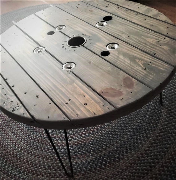 Farmhouse Wood Spool Table - 20" to 36 IN - Hairpin & Pipe Legs - Statement Piece Gift - Round Coffee Side Dining Pub Outdoor Wooden Table