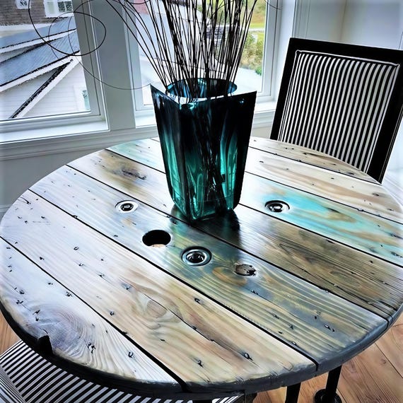 Farmhouse Wood Spool Table - 20" to 36 IN - Hairpin & Pipe Legs - Statement Piece Gift - Round Coffee Side Dining Pub Outdoor Wooden Table