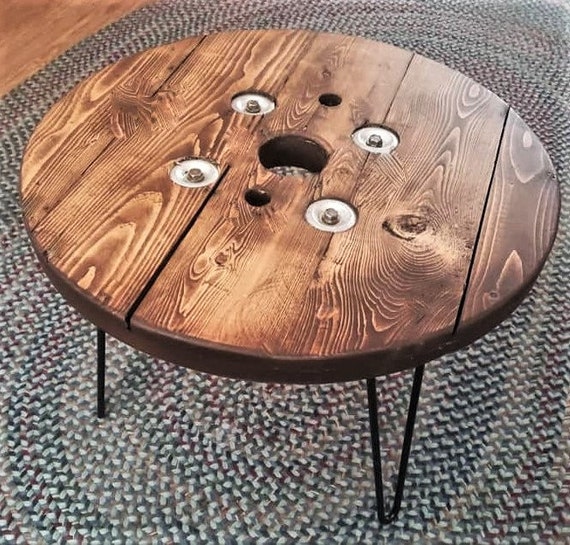 Farmhouse Wood Spool Table - 20" to 36 IN - Hairpin & Pipe Legs - Statement Piece Gift - Round Coffee Side Dining Pub Outdoor Wooden Table