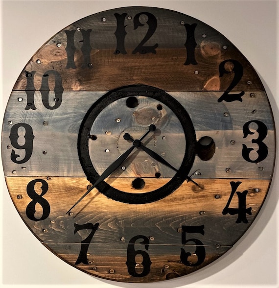 Farmhouse Wood Spool Wall Clock - 20" to 36 IN Round Wooden Clock - Personalized Unique Gift - Industrial Rustic Statement Piece- Custom Art