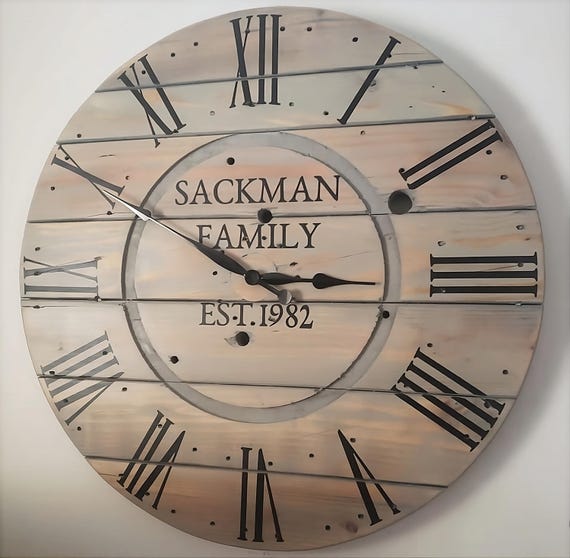Farmhouse Wood Spool Wall Clock - 20" to 36 IN Round Wooden Clock - Personalized Unique Gift - Industrial Rustic Statement Piece- Custom Art