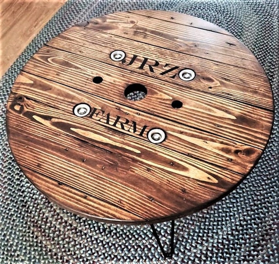 Farmhouse Wood Spool Table - 20" to 36 IN - Hairpin & Pipe Legs - Statement Piece Gift - Round Coffee Side Dining Pub Outdoor Wooden Table
