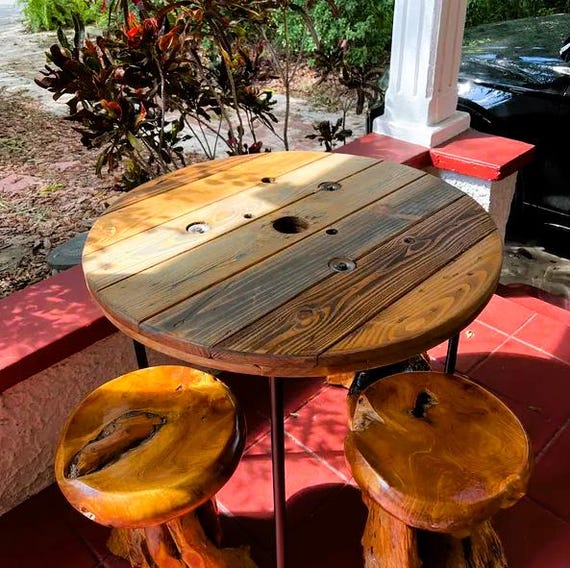 Farmhouse Wood Spool Table - 20" to 36 IN - Hairpin & Pipe Legs - Statement Piece Gift - Round Coffee Side Dining Pub Outdoor Wooden Table
