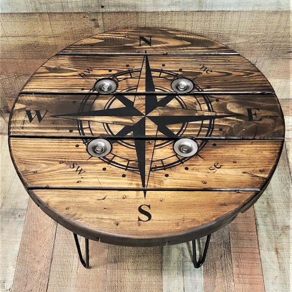 Farmhouse Wood Spool Table - 20" to 36 IN - Hairpin & Pipe Legs - Statement Piece Gift - Round Coffee Side Dining Pub Outdoor Wooden Table