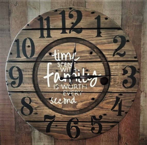 Farmhouse Wood Spool Wall Clock - 20" to 36 IN Round Wooden Clock - Personalized Unique Gift - Industrial Rustic Statement Piece- Custom Art